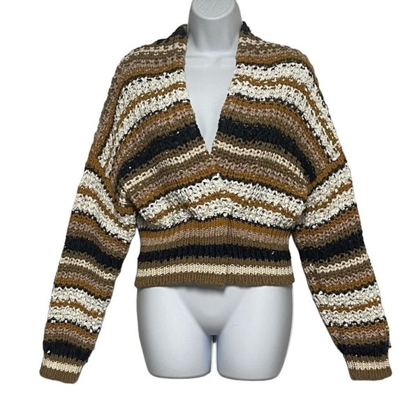 Brunello Cucinelli Sweaters - BRUNELLO CUCINELLI Womens Cropped Striped Sweater Cardigan Jacket Sequins Large